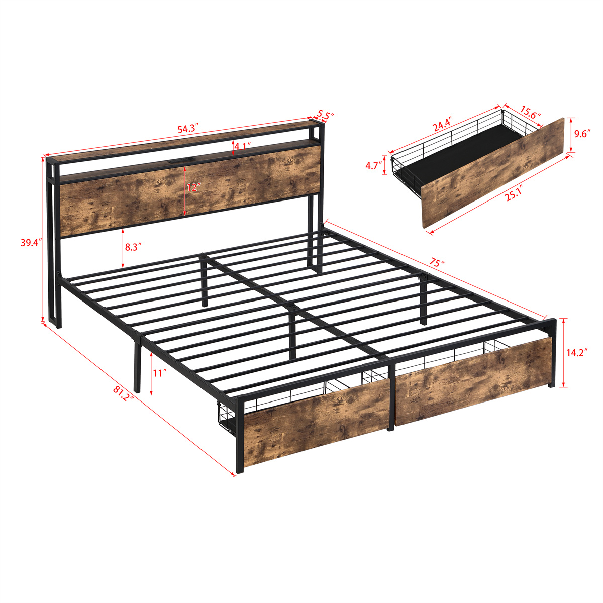 Full Bed Frame, Storage Headboard with Charging Station, Solid and Stable, Noise Free, No Box Spring Needed, Easy Assembly
