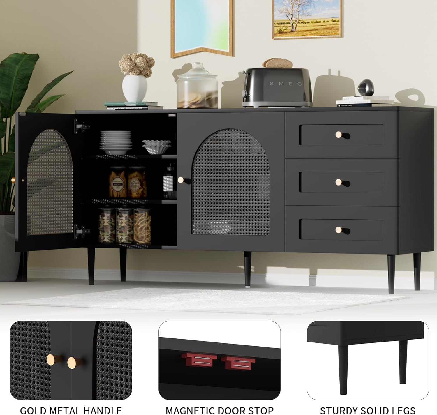 Modern Black Sideboard Buffet Cabinet with Storage & 3 Drawers, Console Table with Storage, Kitchen Cabinet Adjustable Shelves for Dining Room, Living Room, Entryway