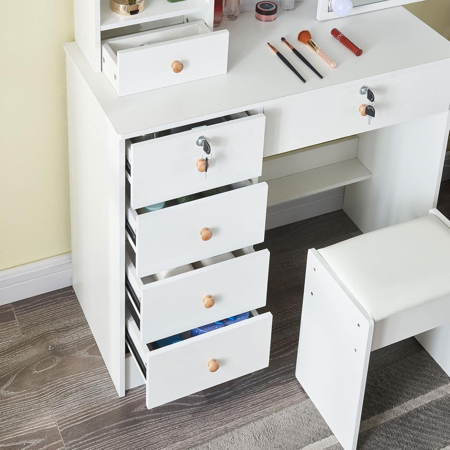 Vanity Desk with Lights,Makeup Vanity with Drawers, Vanity Set 3 Lighting Modes Brightness Adjustable, Dressing Table with Cushioned Stool for Bedroom (Modern LU05), 80*40*130CM, White