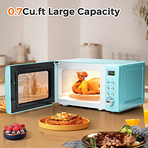 0.7 Cu.ft Compact Microwave Oven, Digital Timing & Child Lock, Small Microwave w/Glass Turntable & 6 Preset Buttons, Delayed Start Function, 700W Mini Microwave w/5 Micro Power (Golden)