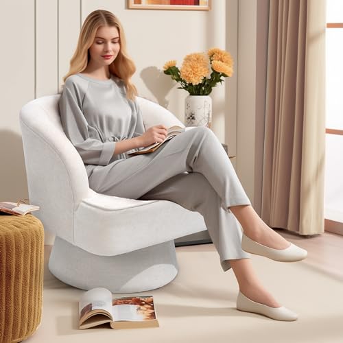 Swivel Barrel Chair Modern 360 Degree Round Swivel Accent Chair Comfortable Upholstered Linen Fabric Swivel Arm Chair Sofa Chair for Living Room Bedroom Office (Beige)