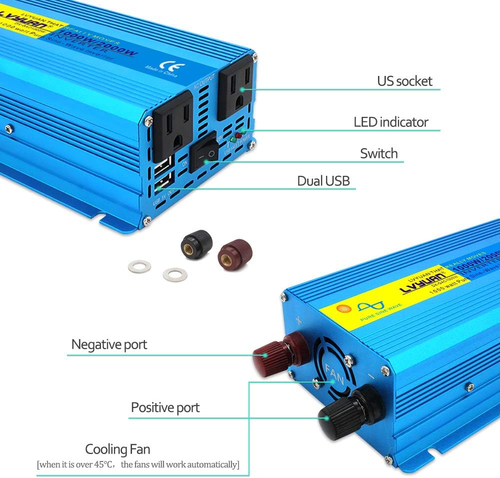 LVYUAN Pure Sine Wave Inverter 3000 Watt Inverter 12V to 110V DC to AC with Remote Controller, LCD Display 4 AC Sockets and 4 USB Ports for Car Truck Solar Power (3000W with Remote Controller)