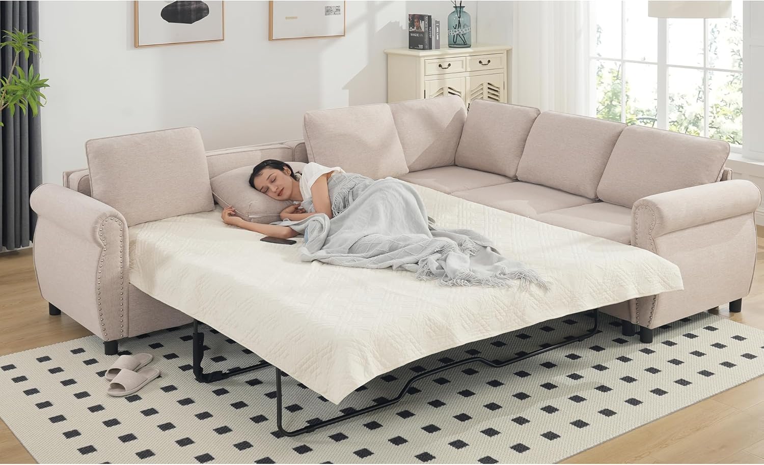 Modular Sectional Sleeper Sofa Couch with Pull Out Bed, 6 Seater Sofa Bed, Convertible L Shaped Sectional Couch for Living Room, Comfy Couch for Apartment, Studio, Office, Home Furniture, Beige