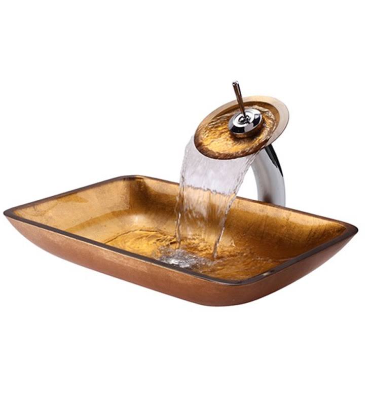 Kraus Golden Pearl Rectangular Glass Vessel Sink and Waterfall Faucet - Satin Nickel