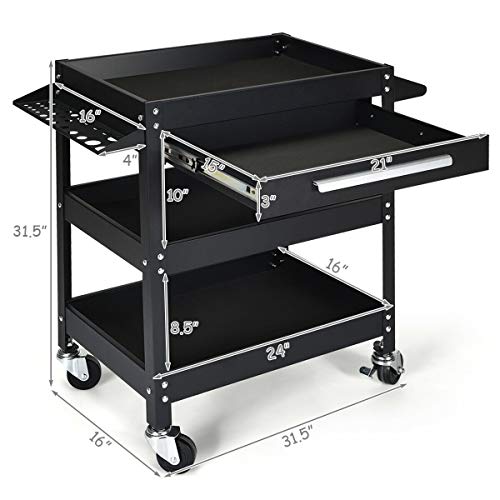 Goplus 3 Tier Rolling Tool Cart, 330 LBS Capacity Heavy Duty Utility Cart Tool Organizer with Storage Drawer, Industrial Commercial Service Tool Cart for Mechanics, Garage, Warehouse & Repair Shop