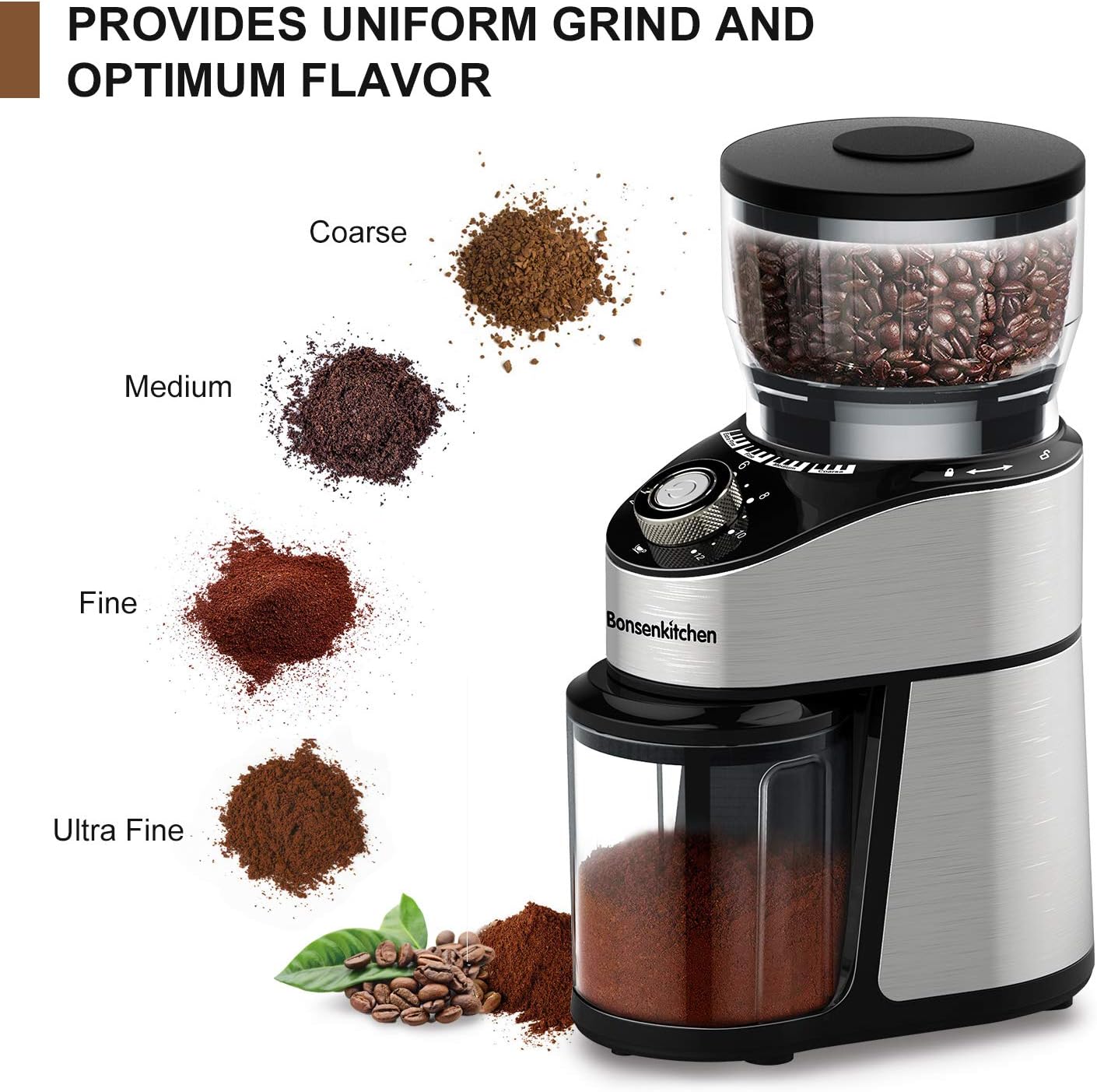 Electric Burr Coffee Grinder, Automatic Conical Burr Mill Coffee Bean Grinder with 12 Precise Grind Settings and Cup Selection, Large Capacity, Stainless Steel