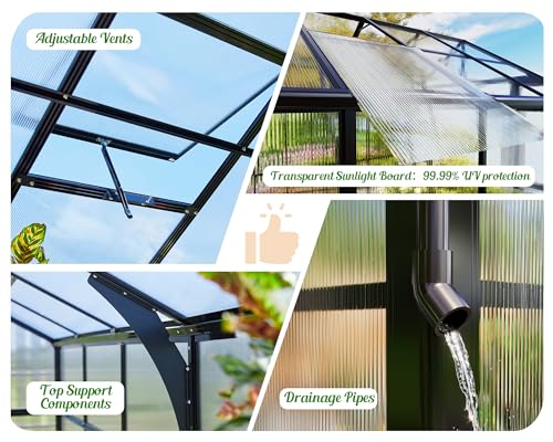 8x12 FT Polycarbonate Greenhouse with Quick-Connect Fittings, Walk-in Large Aluminum Greenhouse with 2 Swing Doors, Winter Greenhouse for Outdoors Black