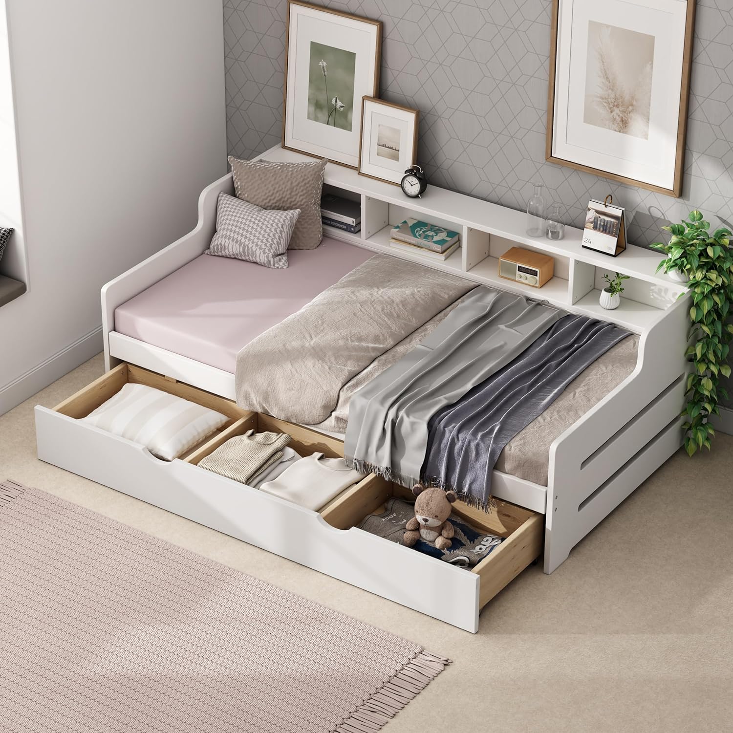 Size Daybed With Storage, Wood Daybed With Drawers & Bookcase Headboard For Kids Tees, Platform Bed With 3-I-1 Drawer For Livig Room Guest Room, White