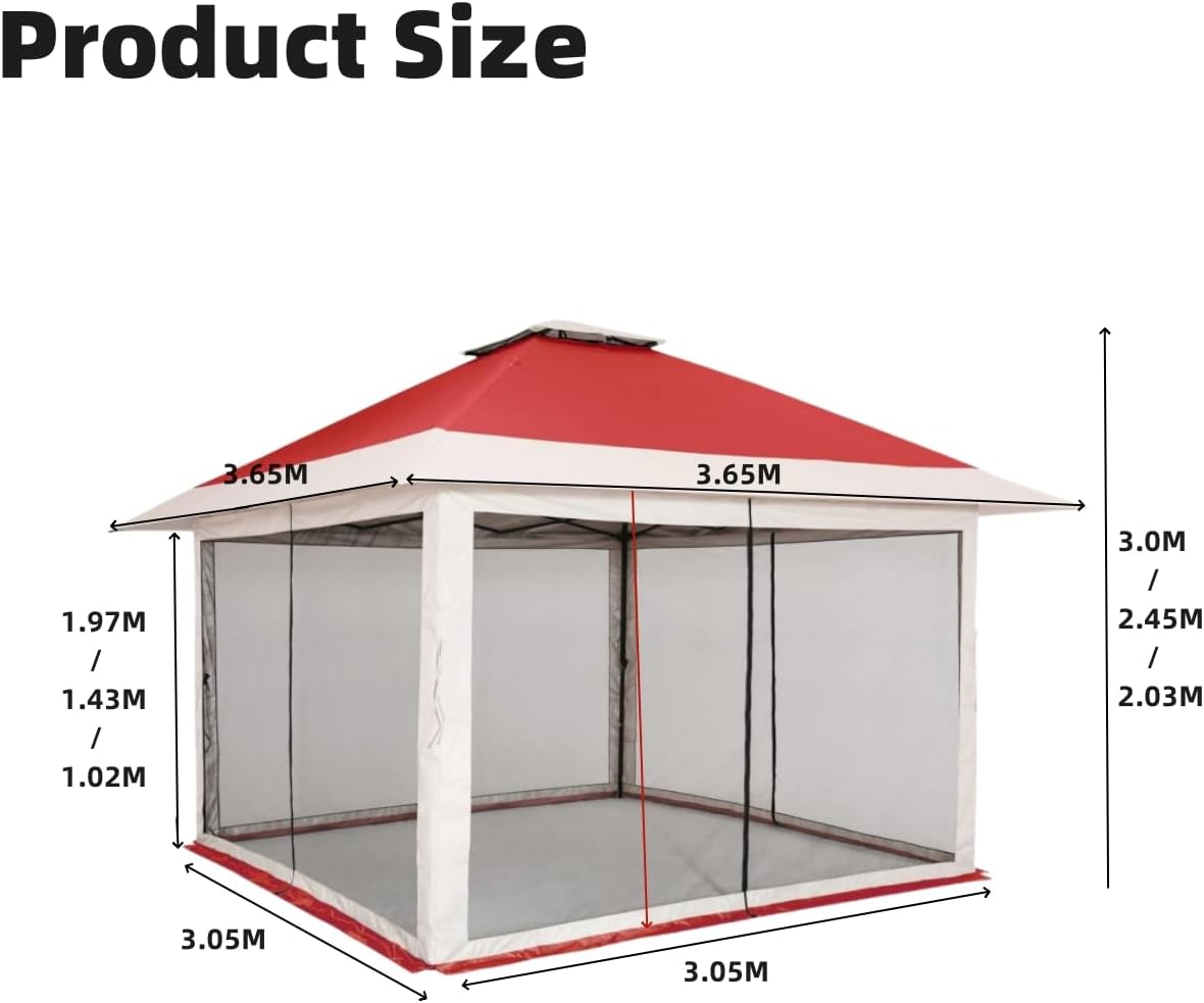 12x12 Pop Up Gazebo Outdoor Canopy Shelter with Mosquito Netting 4 Stanbags Instant Gazebo Tent for Lawn, Garden, Backyard, Deck (Red+ Light Grey)