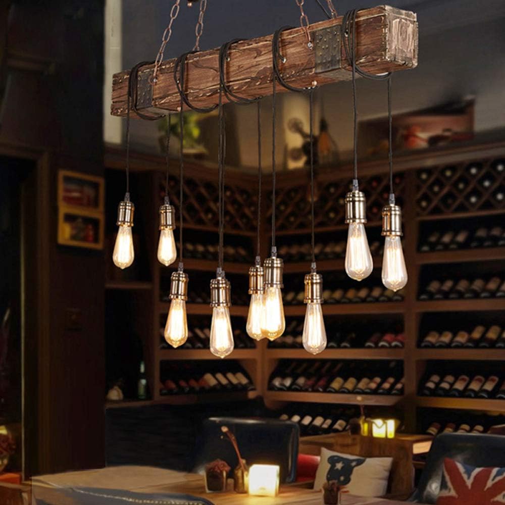 Rustic Industrial 10 Light 46in Chandelier Farmhouse Kitchen Island Lighting Mason Jar Chandelier Linear Chandelier Retro Wood Pendant Light Dining Room Bar Pool Table (Bulb is Not Included)