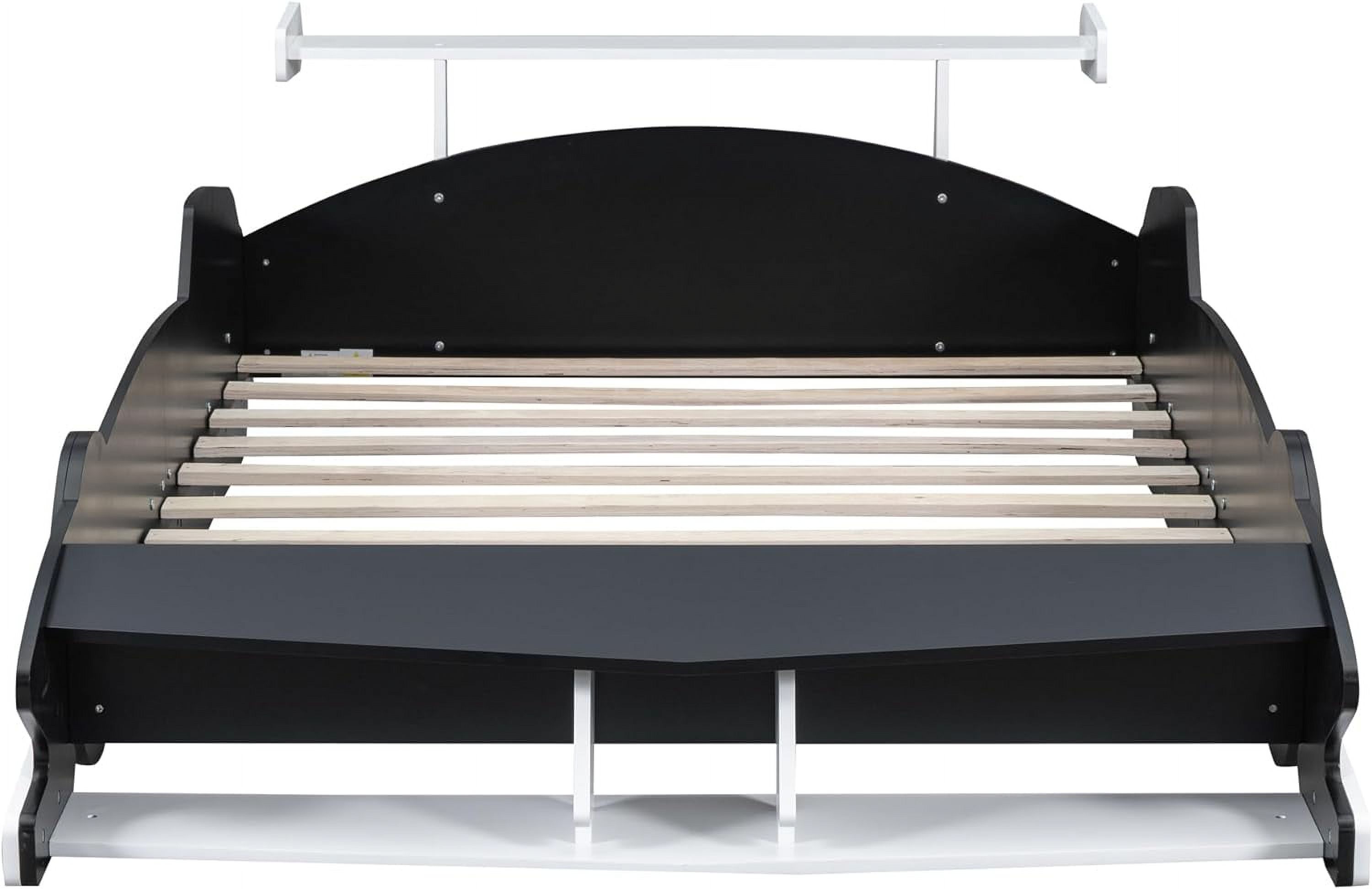 Full Size Race Car Bed With Wheels, Wood Full Size Bed For Kids, Car-Shaped Platform Full Bed With Storage Shelves For Kids,Tees, Boys Girls (Black)