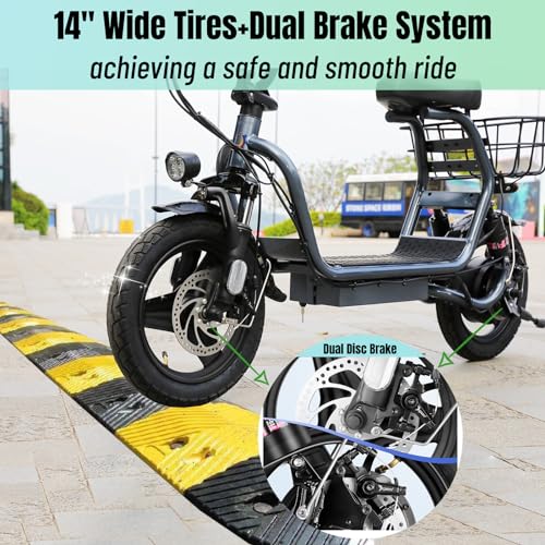 Caroma Peak 500W/800W/1200W Electric Scooter with Seat, Max 15/20/30Miles Range&20MPH, 14" Tires Foldable Adult Electric Scooter with Basket for Pets & Cargo, Dual Shock Absorbing Ebike for Commuting