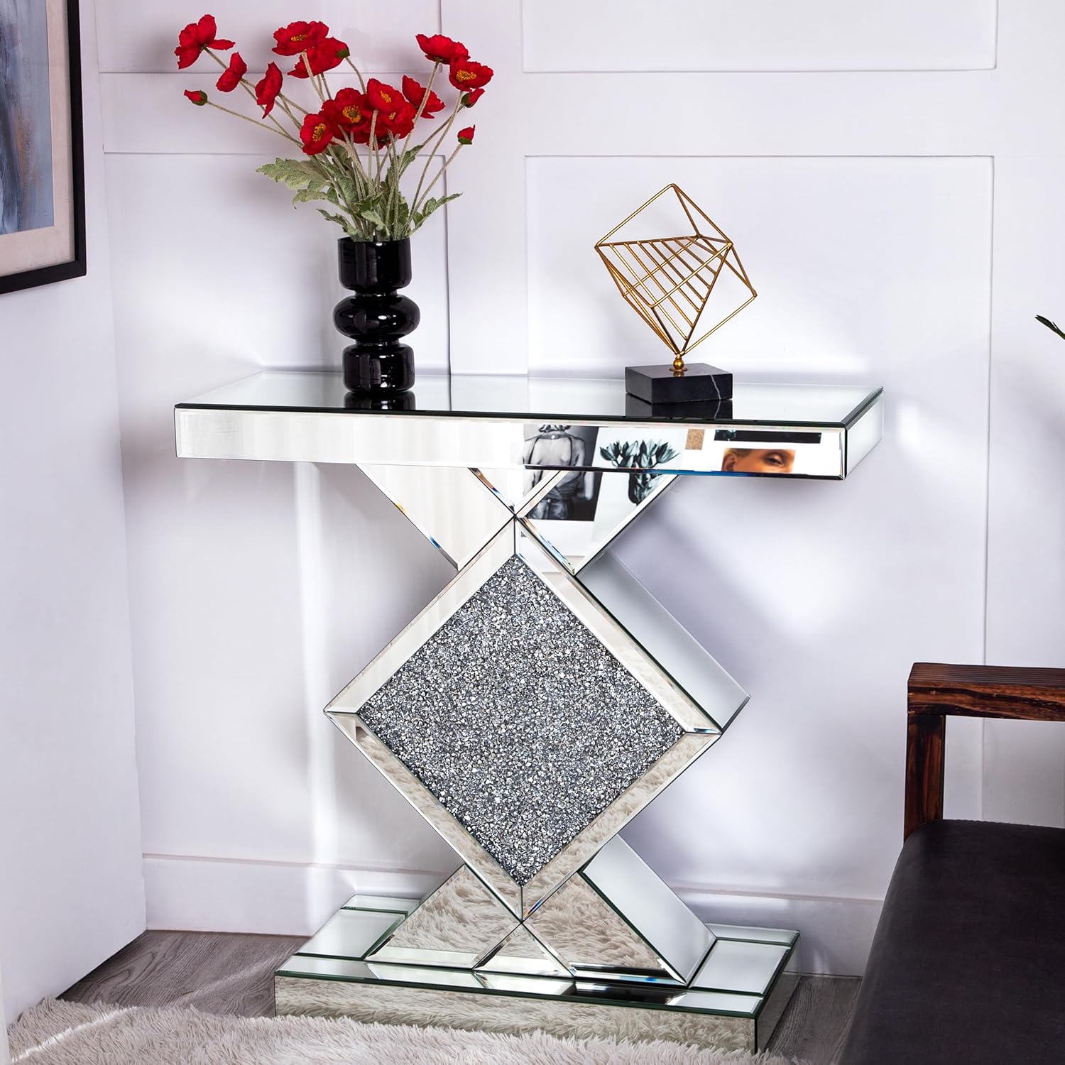 Mirrored Console Table, Silver Entryway with Diamond Shaped Mirror Finished, 31.5'' Long Accent Narrow Table, Glass Sofa Foyer for Living Room Hallway Entrance