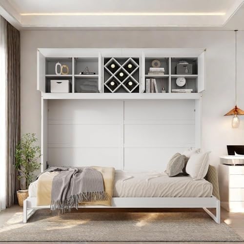 MERITLINE Queen Horizontal Murphy Bed Cabinet with Storage Bookcase Shelves and Charging Station,Wood Folding Grey Murphy Wall Bed for Adult
