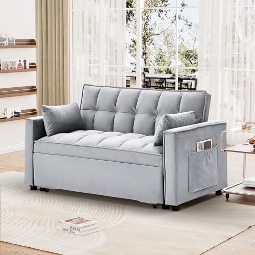 Convertible Sleeper Sofa Bed, Velvet Pull Out Couch Bed,3-in-1 Convertible Upholstered Loveseat Sofa,Velvet Futon Couch with Adjustable Backrest for Living Room,Dark Grey