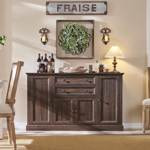 Farmhouse 58" Buffet Cabinet with Storage, 34" Tall Coffee Bar Cabinet w/2 Large Drawers & 4 Grooved Barn Doors, Wood Rustic Sideboard Buffet Cabinet for Dinning Room, Kitchen, Living Room,Brown