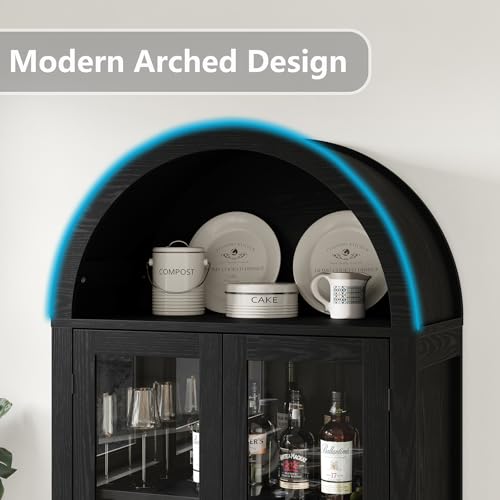 71" Farmhouse Tall Arched Storage Cabinet, Freestanding Cabinet Display Case with Glass Doors, Arched Storage Cabinet for Kitchen Pantry, Dining Room, Bookcase