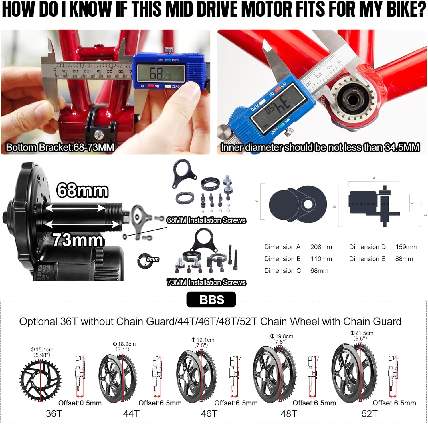BAFANG Electric Bike Motor Kit Mid Drive BBS02B 48V 500W Bicycle Conversion Kit Ebike fit with BB68-73mm MTB Commuter Bikes with Optional Hailong Shark Battery & Rear Rack Battery with Charger