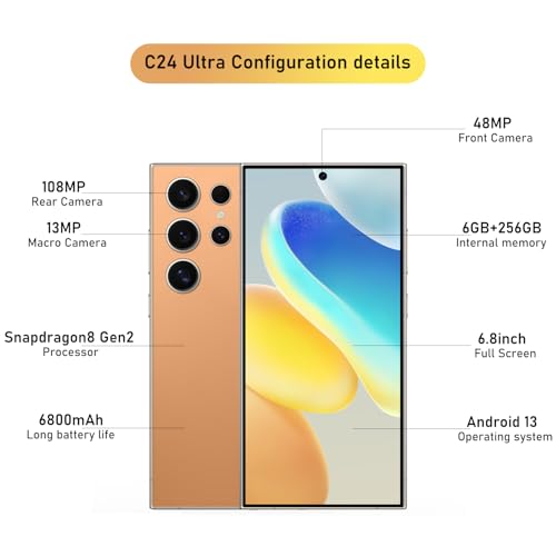 C24 Ultra 5G Smartphone 6+256GB Unlocked Phone,48+108MP Zoom Camera，6800mAh 6.8" HD Screen Unlocked Cell PhoneAndroid 13.0,Face ID/Fingerprint Lock/GPS Phone,Built-in Pen(Cyan)
