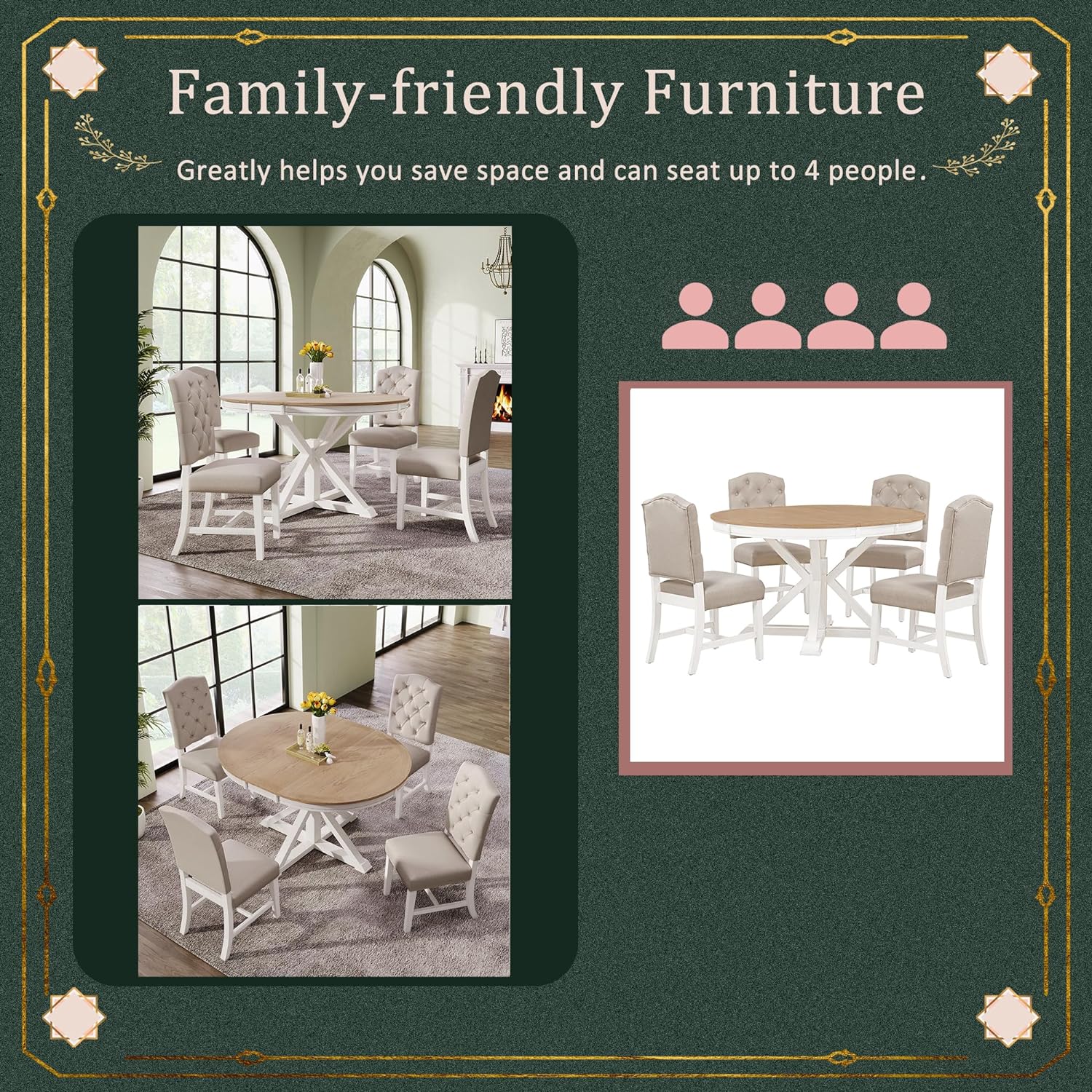 Functional Furniture Retro Style Extendable 4 Upholstered Chairs, Living Room, Oak Natural Wood + Off White, 5 Piece Dining Table Set