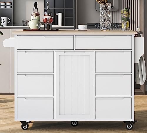 Utility Kitchen Island with Storage Cabinet on Wheels,Wooden Rolling Kithcen Island Cart with 8 Drawers, Rubber Wood Countertop, Spice and Towel Racks, Adjustable Shelves, White