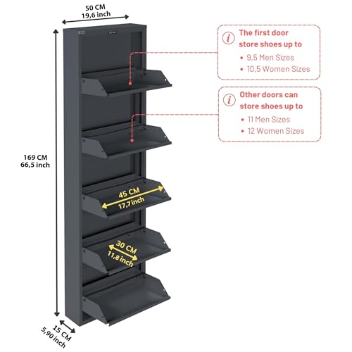 5 Tier Metal Shoe Cabinet with Cover, Durable Shoe Storage Organizer for Entryway, Space Saving Shoe Shelf Closet with Front Ventilation Holes, 5.91" x 66.5" x 19.68", Anthracite