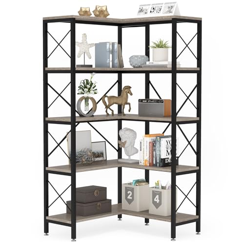 Tribesigns 5-Shelf Corner Bookshelf, Large Modern Corner Bookcase, 5-Tier Tall Corner Shelf Storage Display Rack with Metal Frame for Living Room Home Office (Grey)