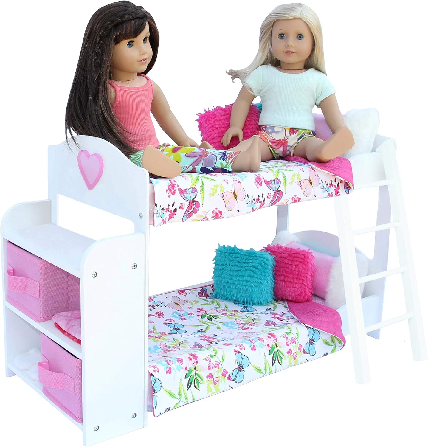 PZAS Toys Doll Bunk Bed - Doll Bunk Bed for 18 Inch Dolls 23 Piece Set Complete with Linens, Pajamas, and Shelves, Fits American Girl Doll