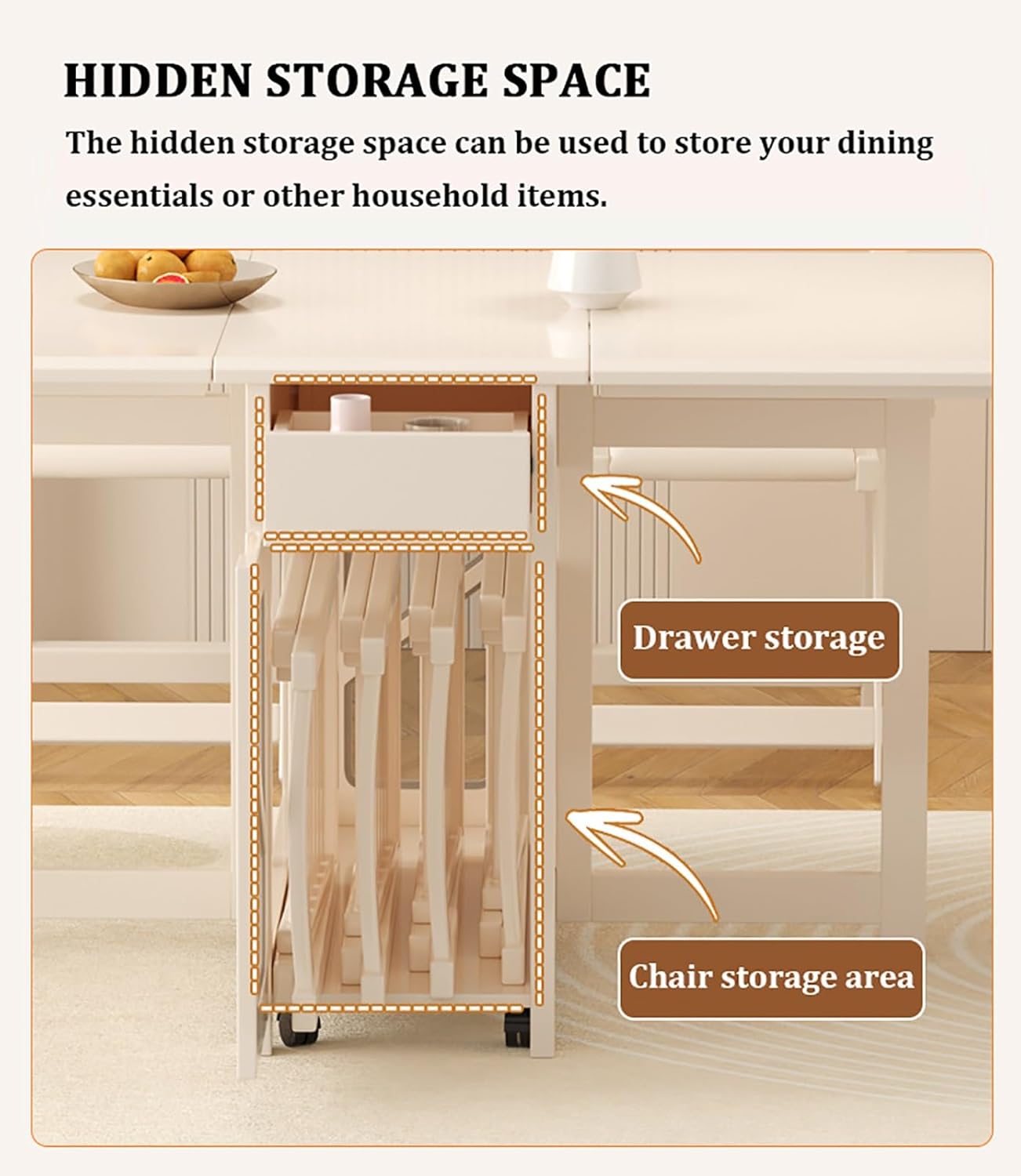 Folding Dining Table with Chairs Rack and 1 Storage Drawers, Movable Extendable Space Saving Table, 4 Universal Wheels, for Dining Room, Kitchen, Living Room
