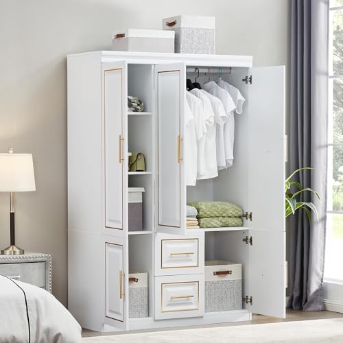 Closet with Doors Armoire Wardrobe Closets Wood Cabinet White Storage Closet Cabinet for Bedroom Armoires Clothes Wood Closet with Hanging Rod (20.51" D x 63" W x 74.02" H, Golden Handle)