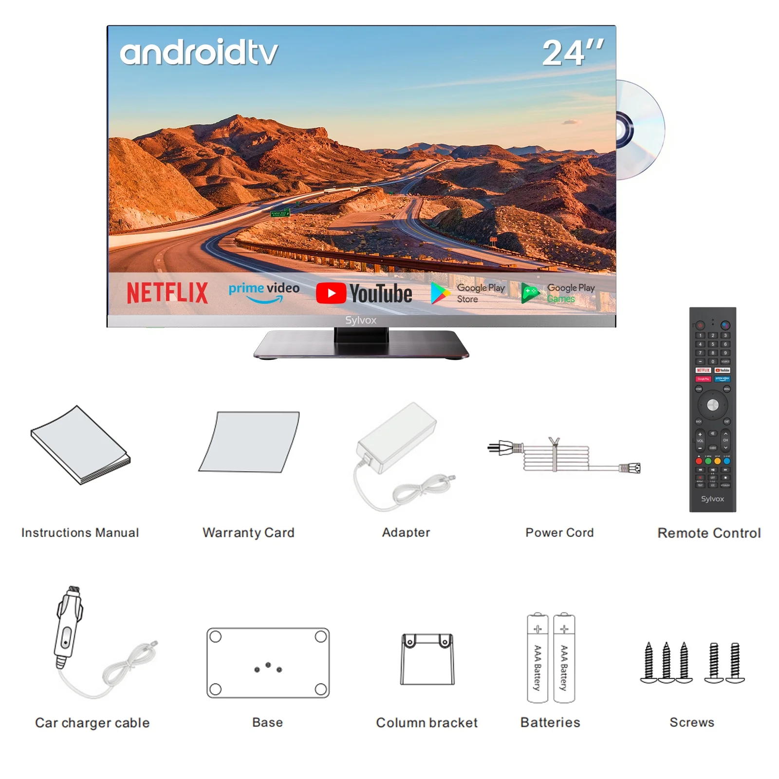 SYLVOX Smart RV TV, 24 inch TV with Built-in DVD Player, 12 Volt TV for RV Camper, 1080P FHD Android TV Free Download APPs, Support WiFi Bluetooth, 2 HDMI & 2 USB, AC/DC Powered (Limo Series)