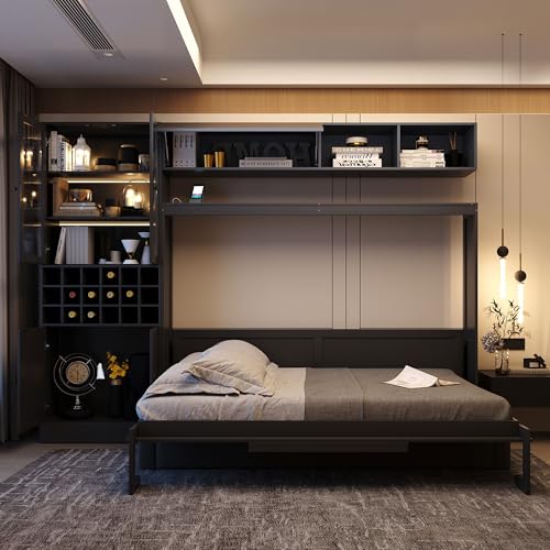 Merax Queen Size Murphy Bed Wall Bed with Sofa, Shelves, USB & Light - Space Saving Foldable Bed for Small Apartments, Grey