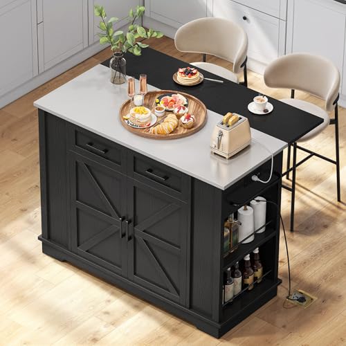 YITAHOME Kitchen Island with Stainless Steel Top & Drop Leaf, 47 Inch Kitchen Island on Wheels with Power Outlet, Rolling Portable Mobile Kitchen Cart w Storage Drawer Cabinet Counter Metal Top, White