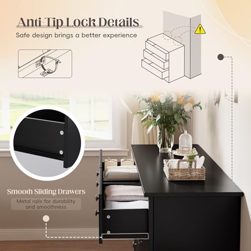 JUMMICO Dresser for Bedroom, 6 Wood Dresser Drawers, Wide Chest of Drawers, Storage Tower Unit, Modern Design for Bedroom, Living Room, Hallway, Entryway (Dark Brown)