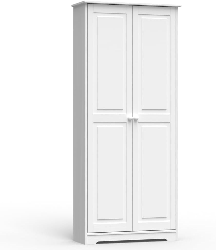 Cabinet Pantry 2 Doors Solid Wood White - Adjustable Shelves Linen Closet & Laundry Offers Ample Organization
