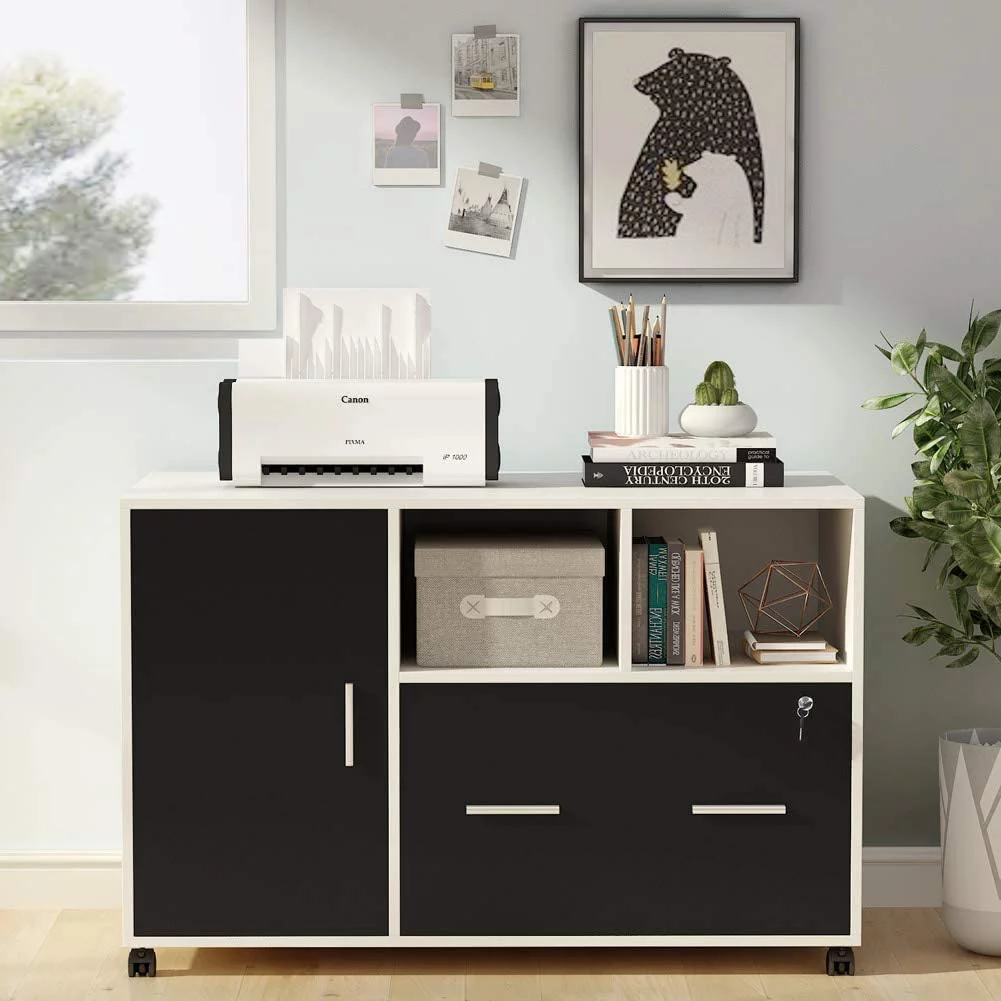 Tribesigns Large File Cabinet with Lock and Drawer, Modern Mobile Lateral Filing Cabinet Printer Stand Legal/Letter / A4 Size with Wheels and Storage Shelves for Home Office(White)