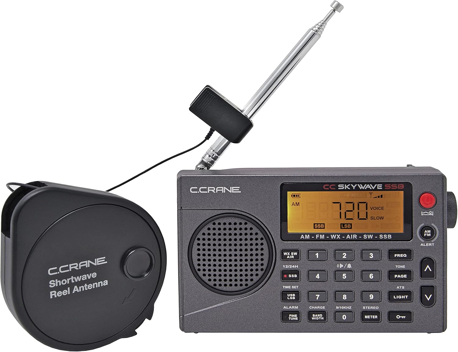 C. Crane CC Skywave SSB AM, FM, Shortwave, NOAA Weather + Alert, Scannable VHF Aviation Band and Single Side Bands Small Battery Operated Portable Travel Radio and AC Adapter