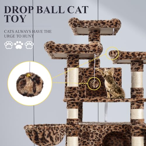 Allewie 68 Inches Cat Tree/House and Towers for Big Feline/Scratching Post/Multi-Level Large Kitty Climbing Tree with Condo/Smokey Grey