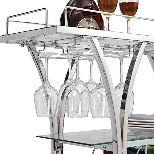 Silver Bar Cart, Rolling Liquor Serving Cart, 3-Tier Liquor Kitchen Tea Trolley with Wine Rack & Glass Holder Metal Frame,Mobile Bar Carts for The Home