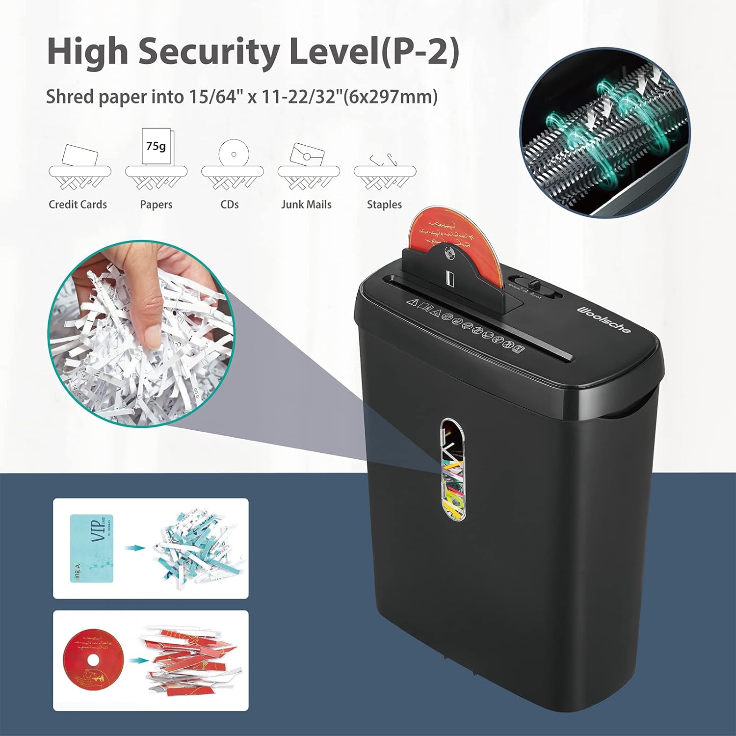 Woolsche Home Office Shredders C220P 6-Sheet Cross Cut Removable, Low Noise Desktop Paper Shredder with Security Lock, P-4 Security Level Shreds Paper/Credit Card