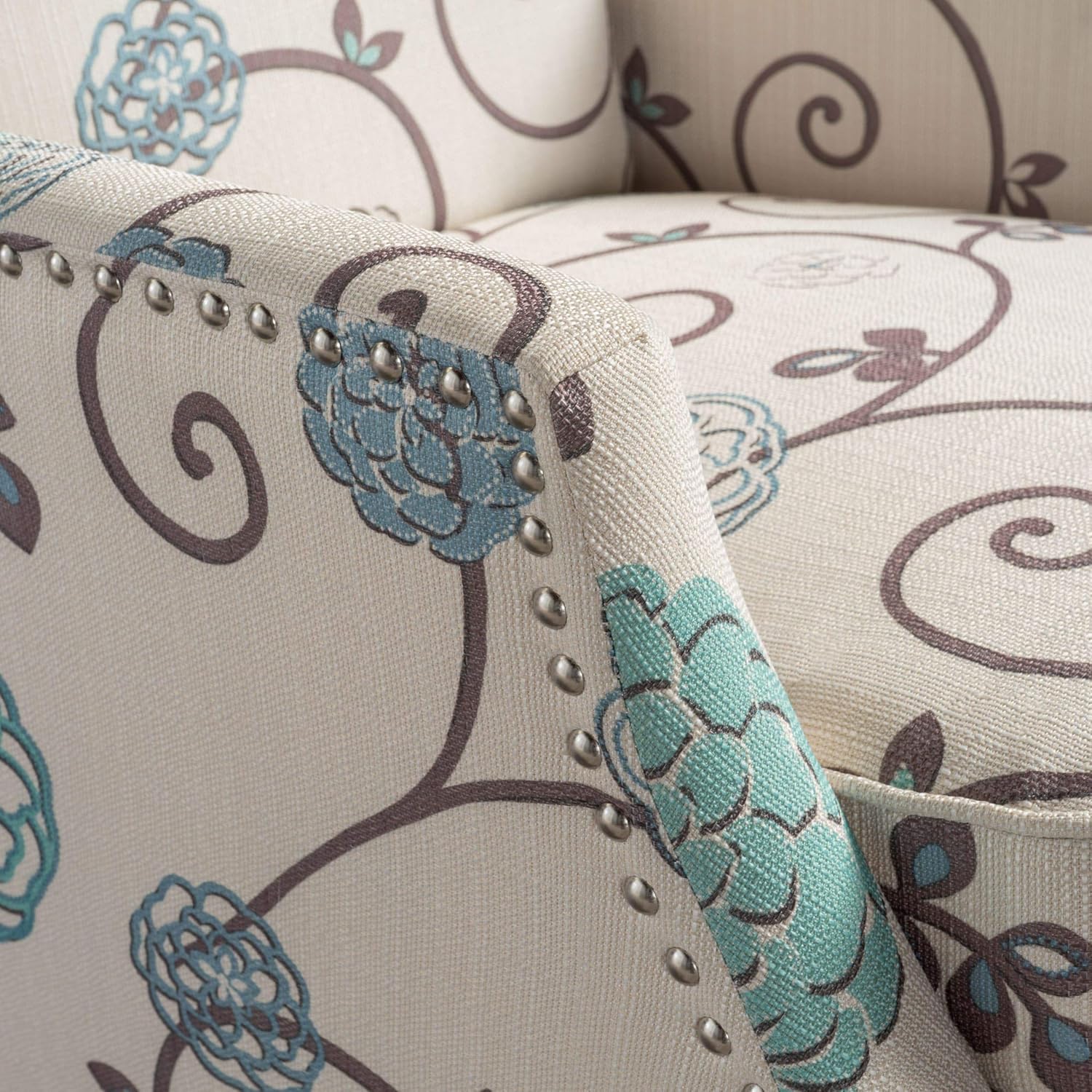 Wingback Floral Fabric Recliner Club Chair Blue White Mid-Century Modern Contemporary Pattern Polyester Wood