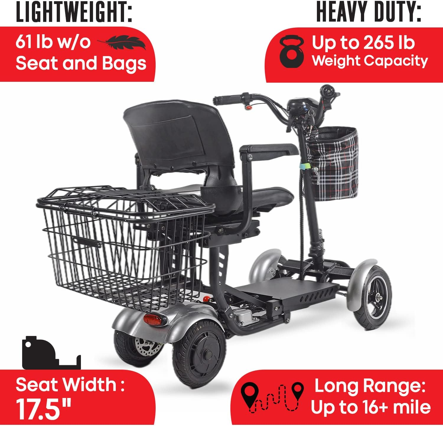 Darkshadows by MaritSA - Foldable 4 Wheel Mobility Scooter for Seniors. Long Range Battery 15.6AH-25 Mile Range (Model8)