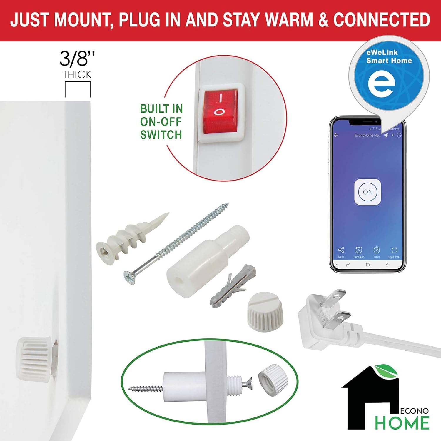 EconoHome Wall Mount Smart Space Heater Panel - Pairs with eWeLink App - 400W Convection Heater - For 120 Sq Ft Room - 120V - Save On Your Home Heating Costs - Overheat Protection