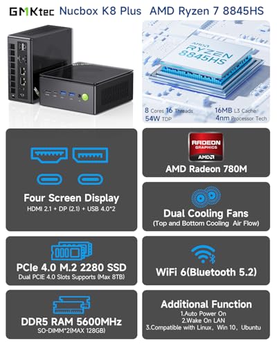 GMKtec M5 Plus Mini PC, AMD Ryzen 7 5825U (Upgraded 7430U/ 5700U), 16GB RAM&512GB PCIe3.0 SSD Desktop Computer with Dual 2.5G LAN, BT 5.2, WiFi 6E, Triple Display/Home & Office