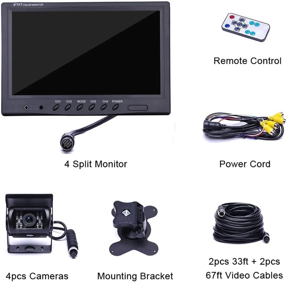 Backup Camera Hard Wired Backup Camera 9'' Quad Split Screen HD Rear Backup Camera Monitor System, Waterproof IR Night Vision Backup Camera for Trucks,Trailer Heavy,Box,RV,Camper Bus Rearview Camera