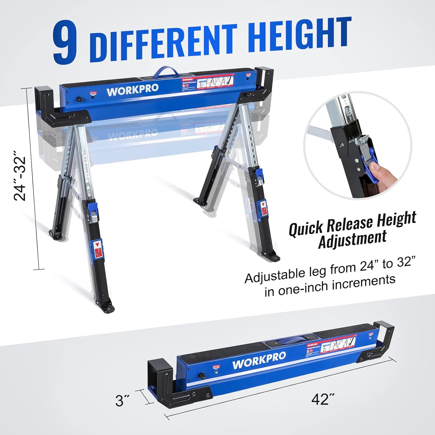 WORKPRO Folding Sawhorse, 2-Pack Adjustable Heavy Duty Saw horse with 2x4 Support Arms, 3000 lbs Load Capacity, 24-32 inch Height Adjustable Legs, Pivoting Feet & Support Pegs