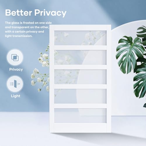 36x84 Inch Glass Sliding Barn Door Slab and 6.6ft Hardware Kit Included, 5 Frosted Glass, LVL Wood Panel Covered with White Water-Proof Scratch-Proof PVC Surface, Simple DIY Assembly