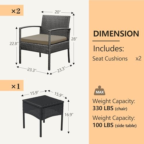 PROHIKER 3 PCS Patio Rattan Conversation Chairs Set, Outdoor Patio Furniture Balcony Furniture Set, Wicker Patio Bistro Set for Garden Porch Balcony Yard, Brown