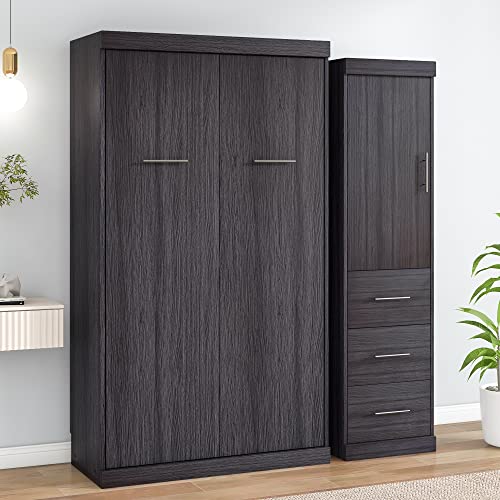 DEINPPA Full Size Murphy Bed with Convertible Wardrobe Farmhouse Style Murphy Cube Cabinet Bed, Wall Bed with Drawers and Shelf for Guest Room Home Office-Antique Wood