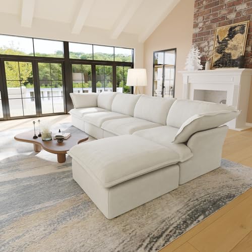 Cloud Modular Sectional Sofa with Storage Ottoman,165.2" Down Filled Comfort U Shaped Sofa Couch for Living Room,Minimalist Wide Deep Seat Convertible Couches (4 Seater and 2 Ottoman,Beige)